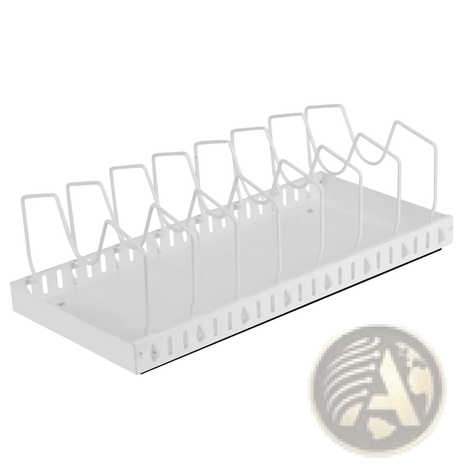 White metal pull out pots and pans organizer with ten evenly spaced slots and eight dividers for kitchen storage
