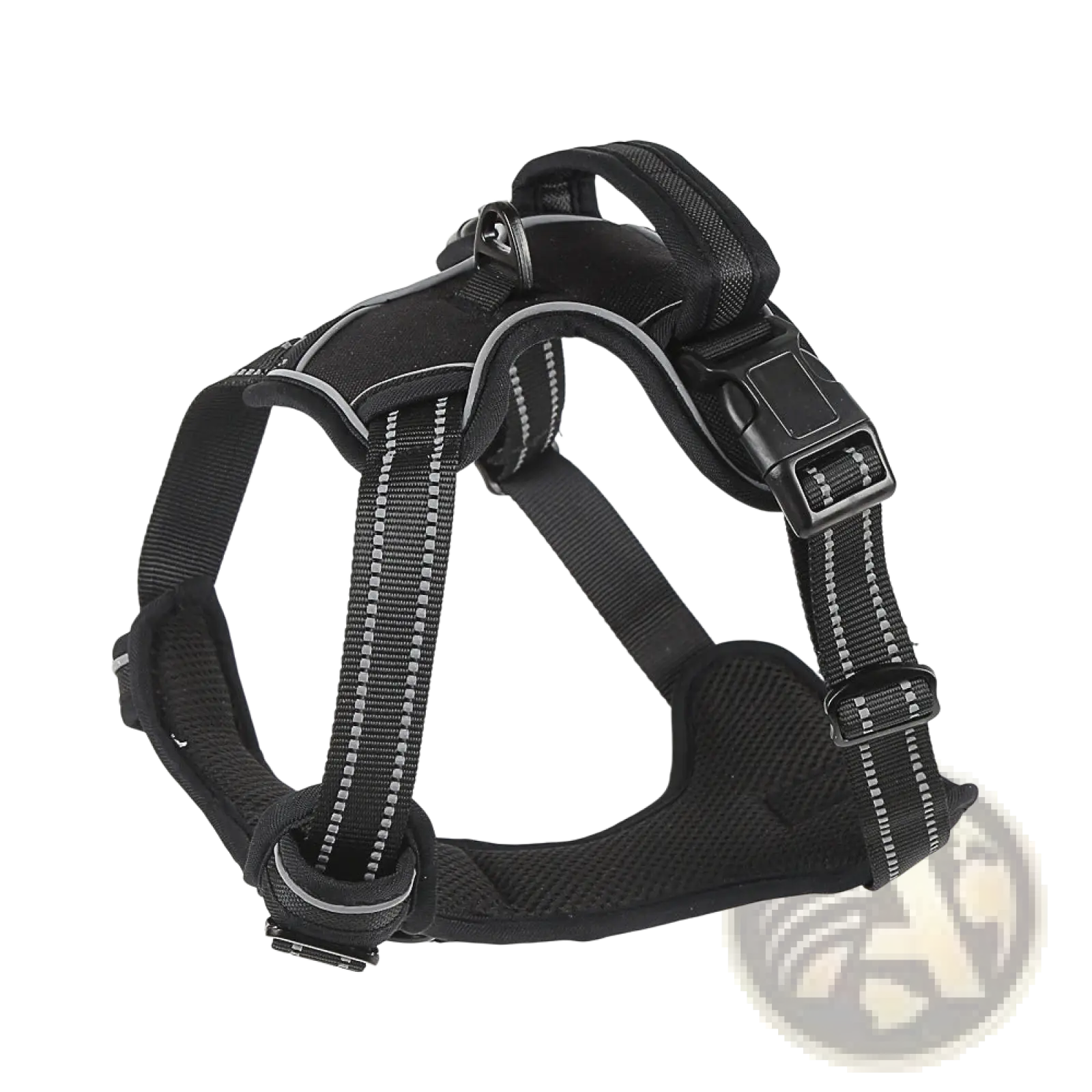 Black no pull reflective dog harness vest with silver stitching and adjustable plastic buckles shown from back side