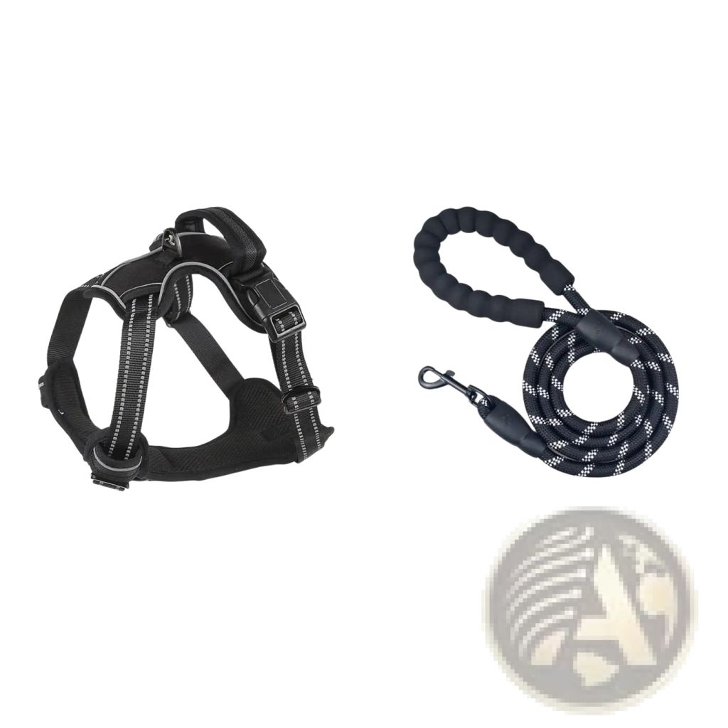 Black no pull reflective dog harness vest with leash set featuring reflective stitching and a padded handle