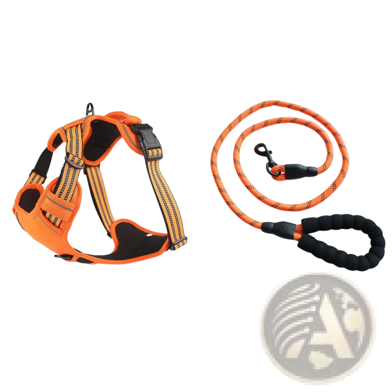 No pull reflective dog harness vest with orange and black adjustable straps and matching leash with padded handle and metal clasp