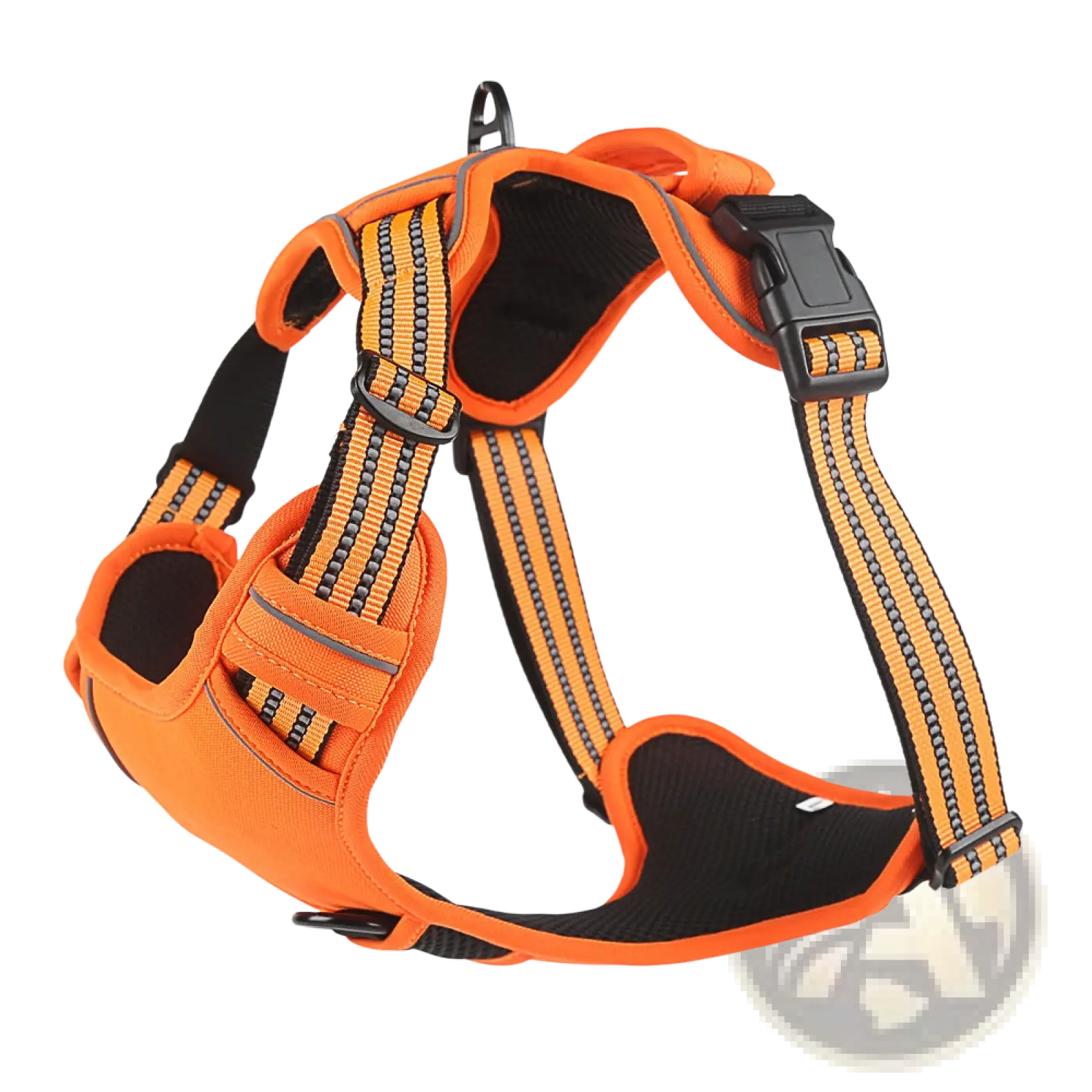 Bright orange and black no pull reflective dog harness vest with padded adjustable straps and leash set shown from back