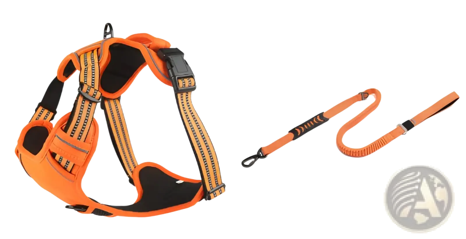 Orange and black no pull reflective dog harness vest with stripe and matching orange leash featuring duracell band