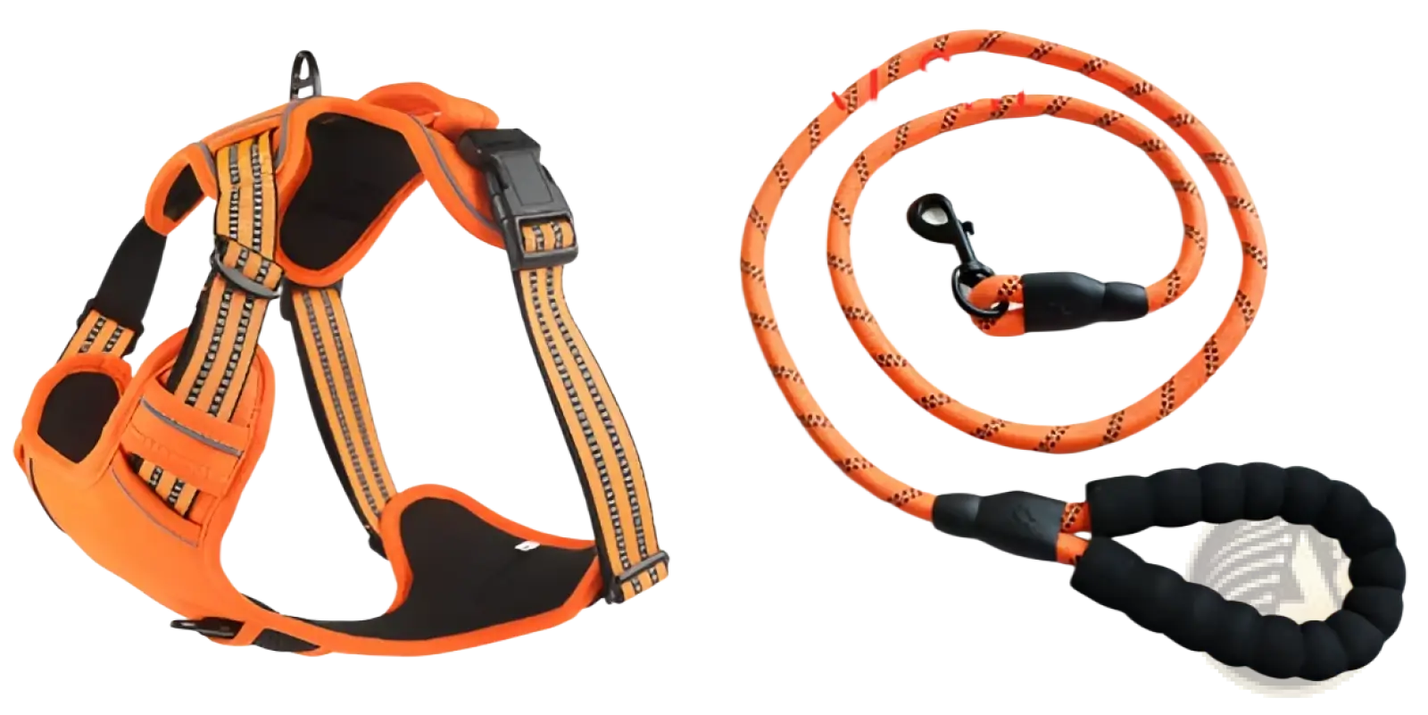 No pull reflective dog harness vest in orange and black with reflective stripes paired with an orange leash with black handle