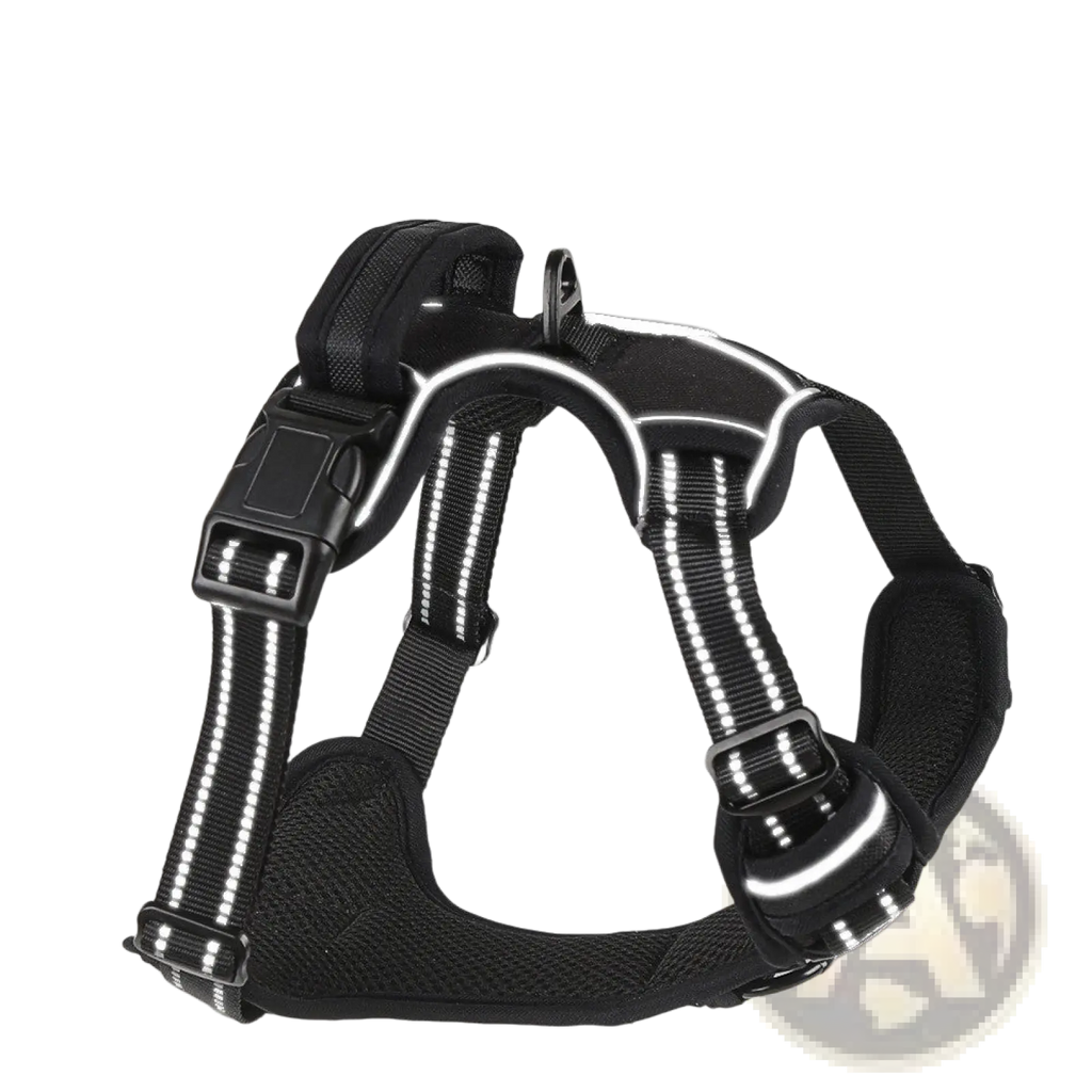 No pull reflective dog harness vest with leash set in black 3m scotchlite material with white reflective strips and adjustable straps