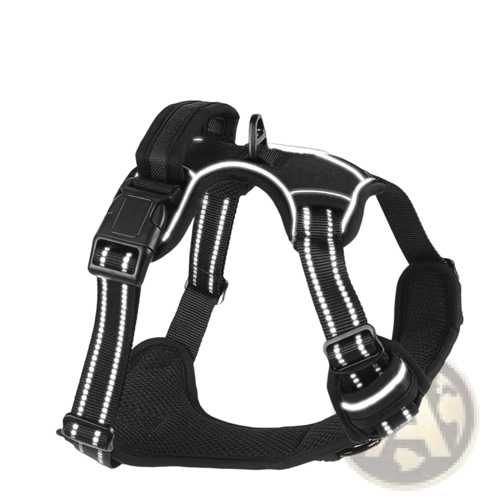 No pull reflective dog harness vest with leash set in black 3m scotchlite material with white reflective strips and adjustable straps