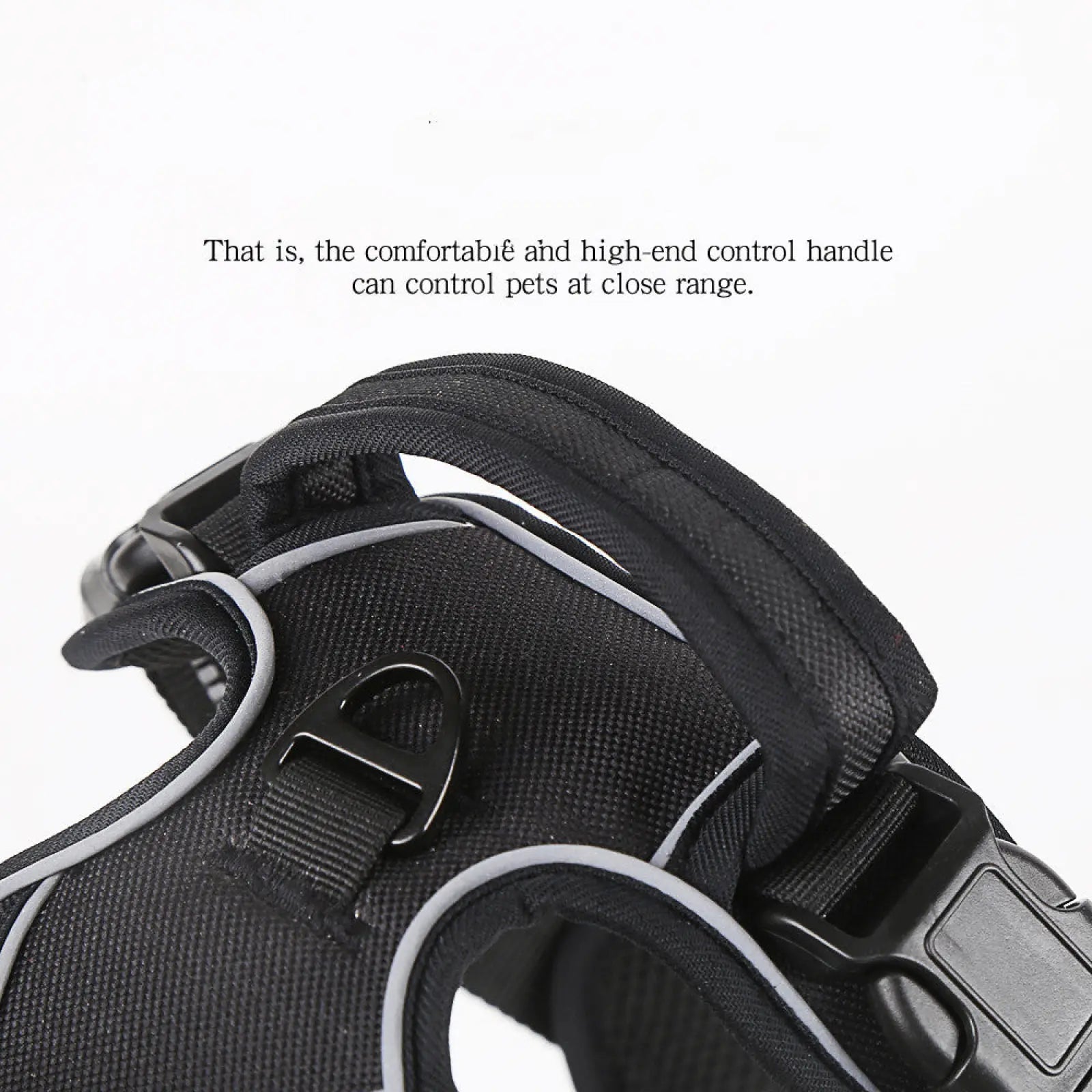 No pull reflective dog harness vest in black with gray reflective trim and black plastic buckles for secure walking
