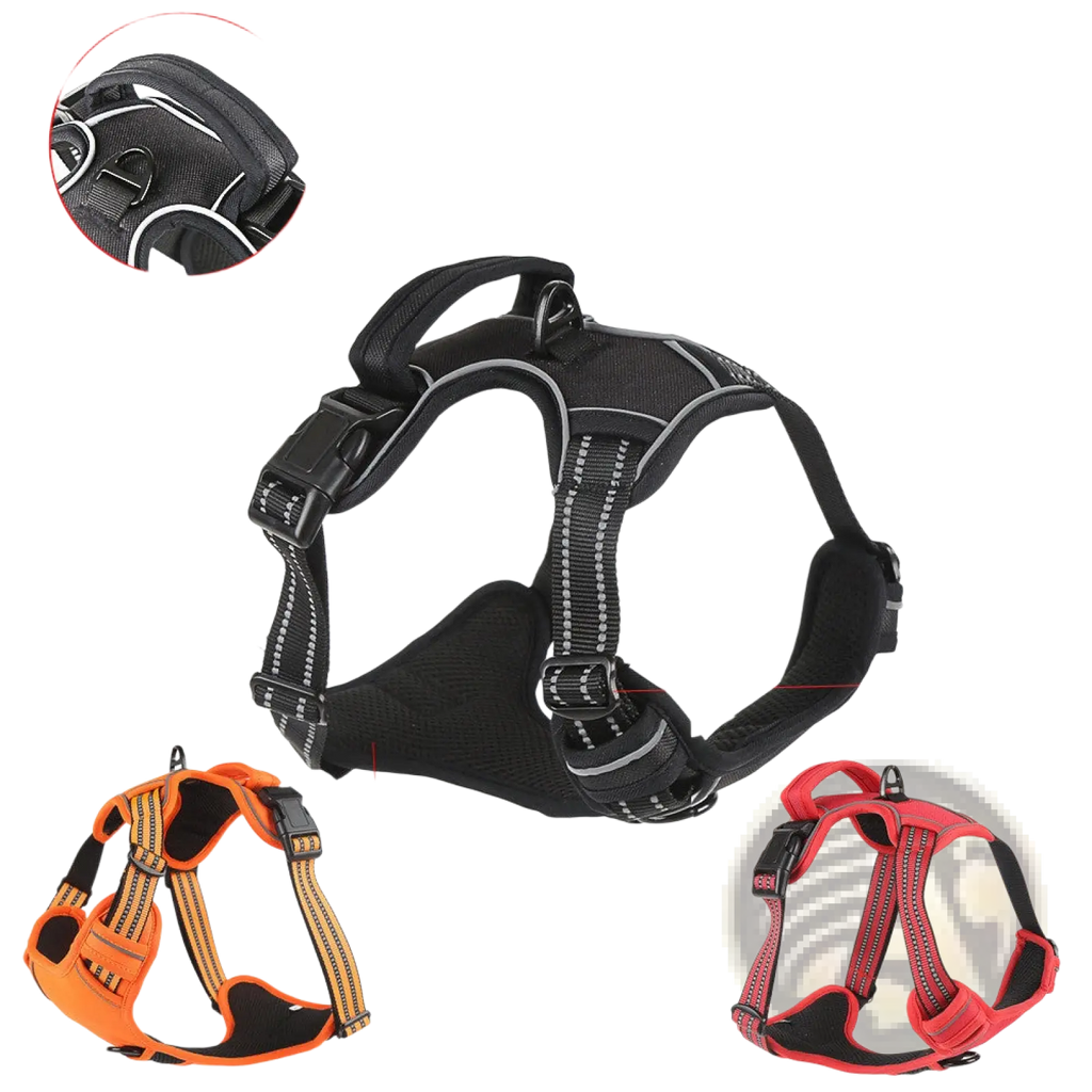 No pull reflective dog harness vest in black with silver reflective stripes zinc alloy hardware orange and red options