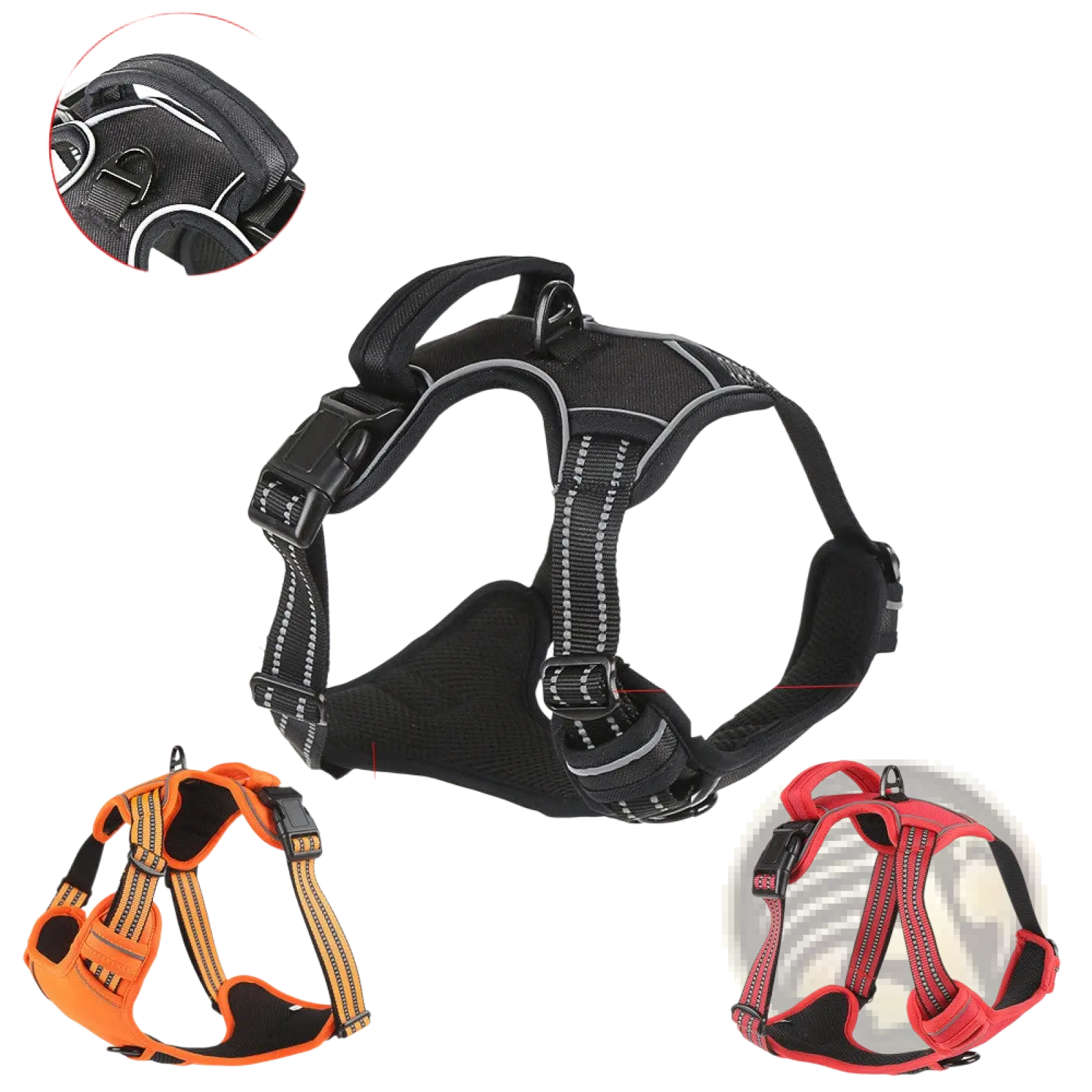 No pull reflective dog harness vest in black with silver reflective stripes zinc alloy hardware orange and red options