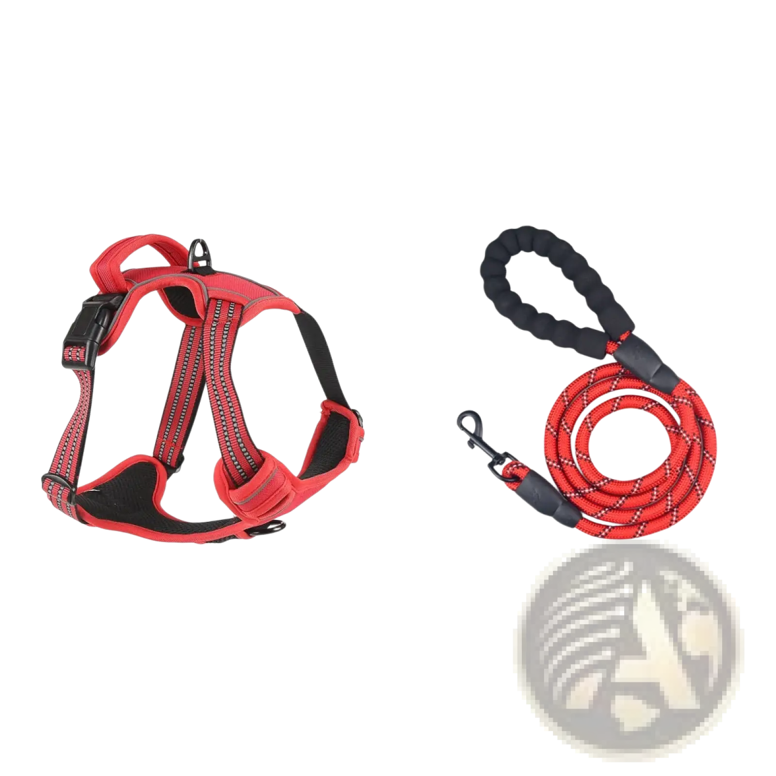 Red and black reflective no pull dog harness vest with adjustable straps and matching red rope leash with black braided handle