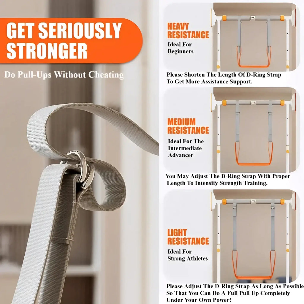 Gray fabric pull up assistance strap with metal d ring attachment for fitness and strength training support