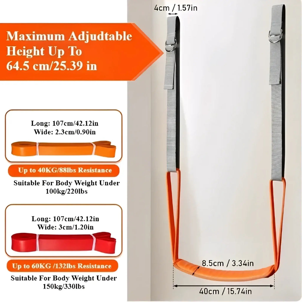 Pull up assistance band set with orange and gray adjustable bodyweight resistance band and metal hooks for hanging
