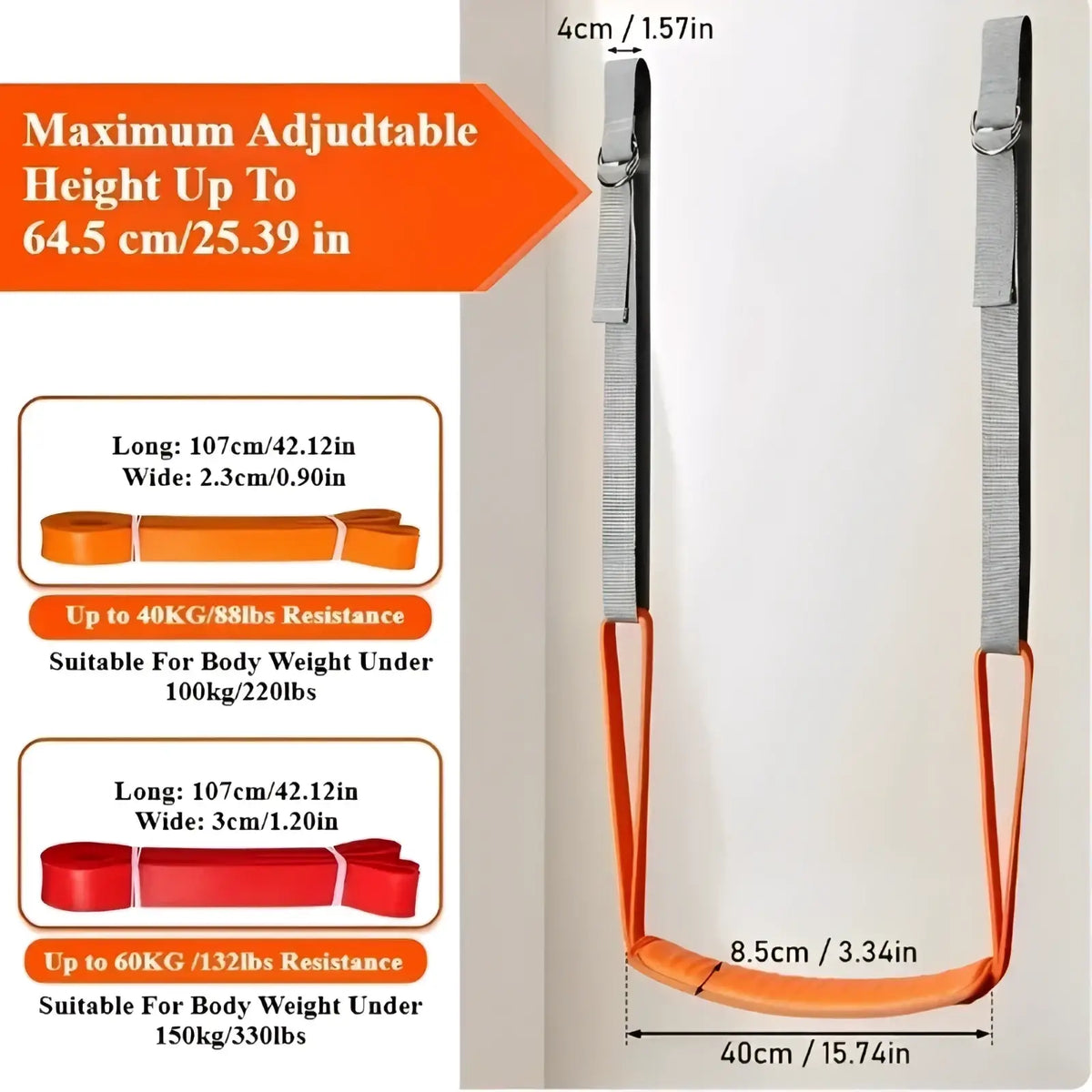 Pull up assistance band set with orange and gray adjustable bodyweight resistance band and metal hooks for hanging