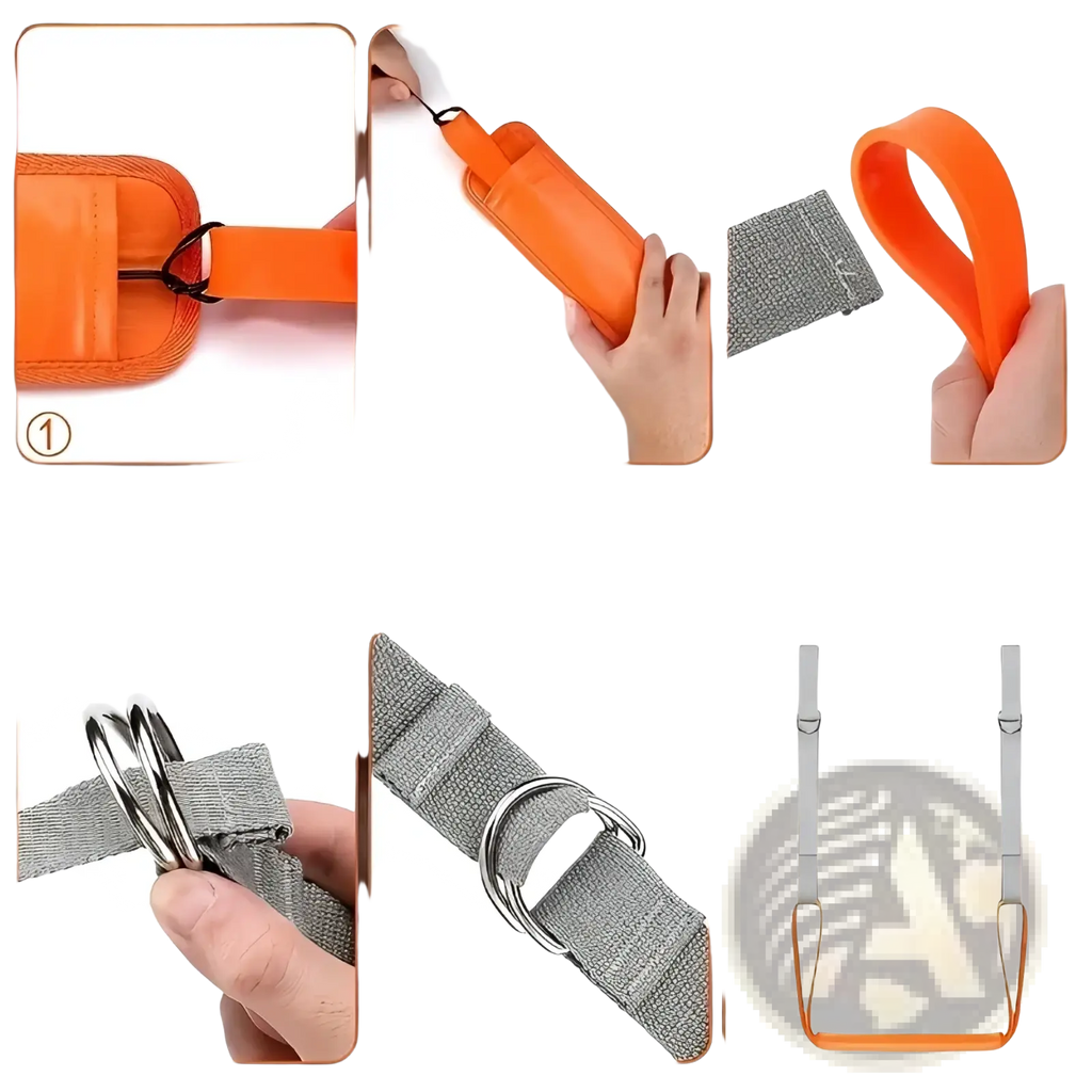 Pull up assistance band set featuring orange and gray fabric resistance bands with metal d-rings for strength training