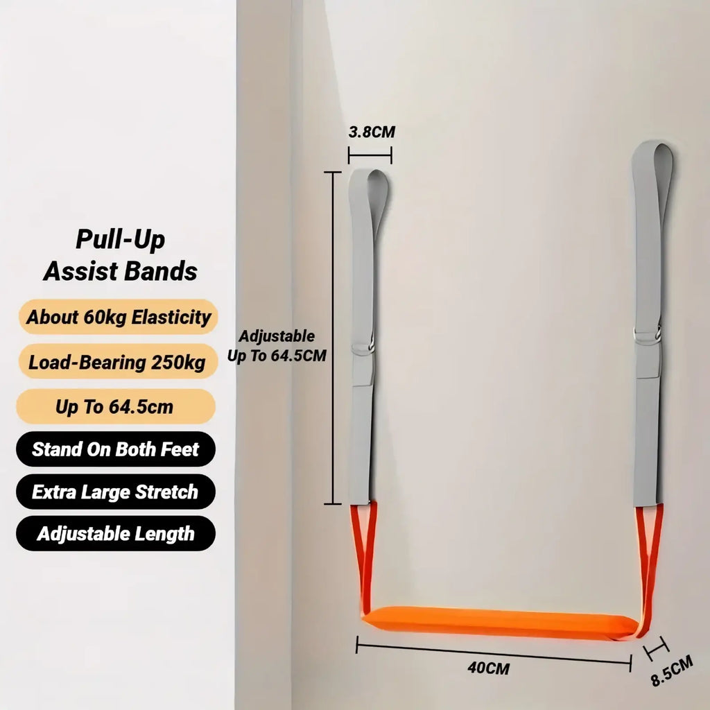Gray and orange pull up assistance band set with adjustable length for gym use and strength training support