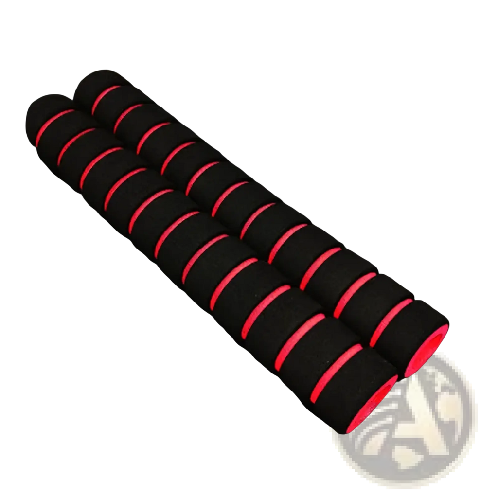 Pull up bar foam grips 22cm in black and red foam with textured segmented design for enhanced hold