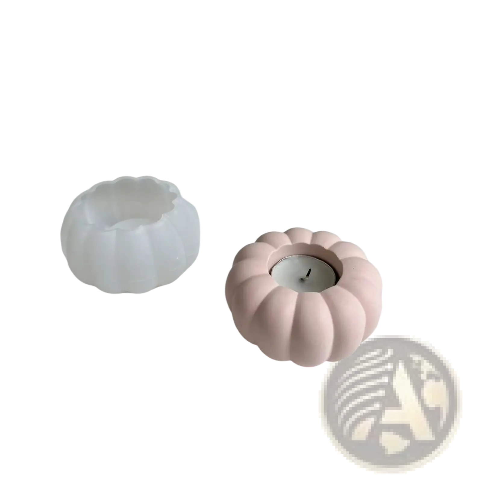 Pink ceramic pumpkin-shaped candle holder with central tealight socket made from silicone mold t289