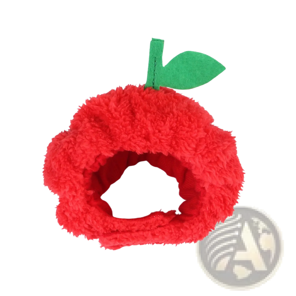 Red plush apple-shaped pet hat with green felt stem and leaf for warm pumpkin cat costume headwear
