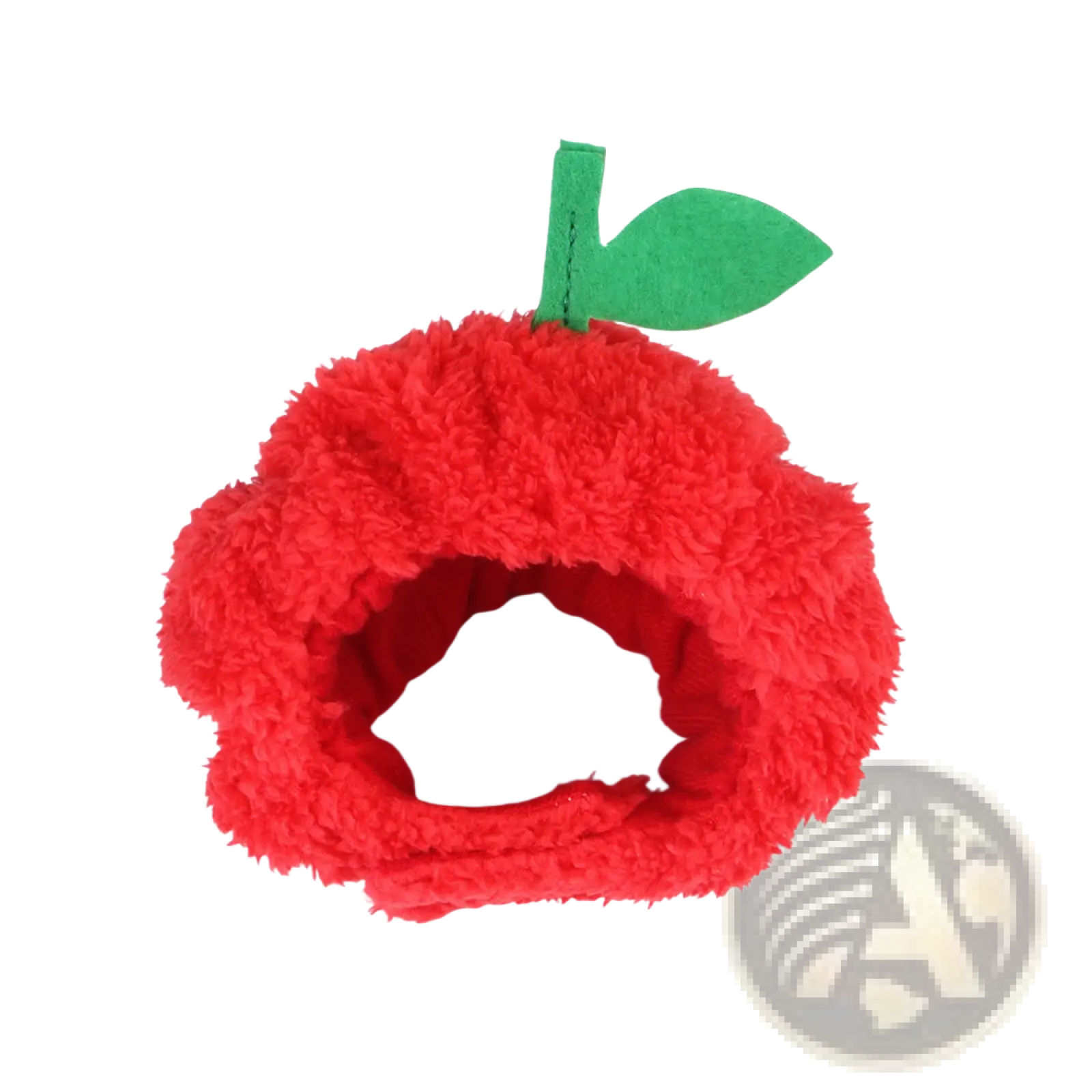 Red plush apple-shaped pet hat with green felt stem and leaf for warm pumpkin cat costume headwear