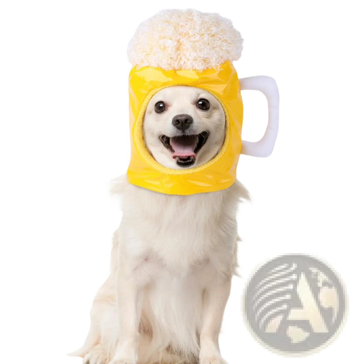 Yellow beer mug costume with white foam top and handle designed as a warm pet headwear for dogs