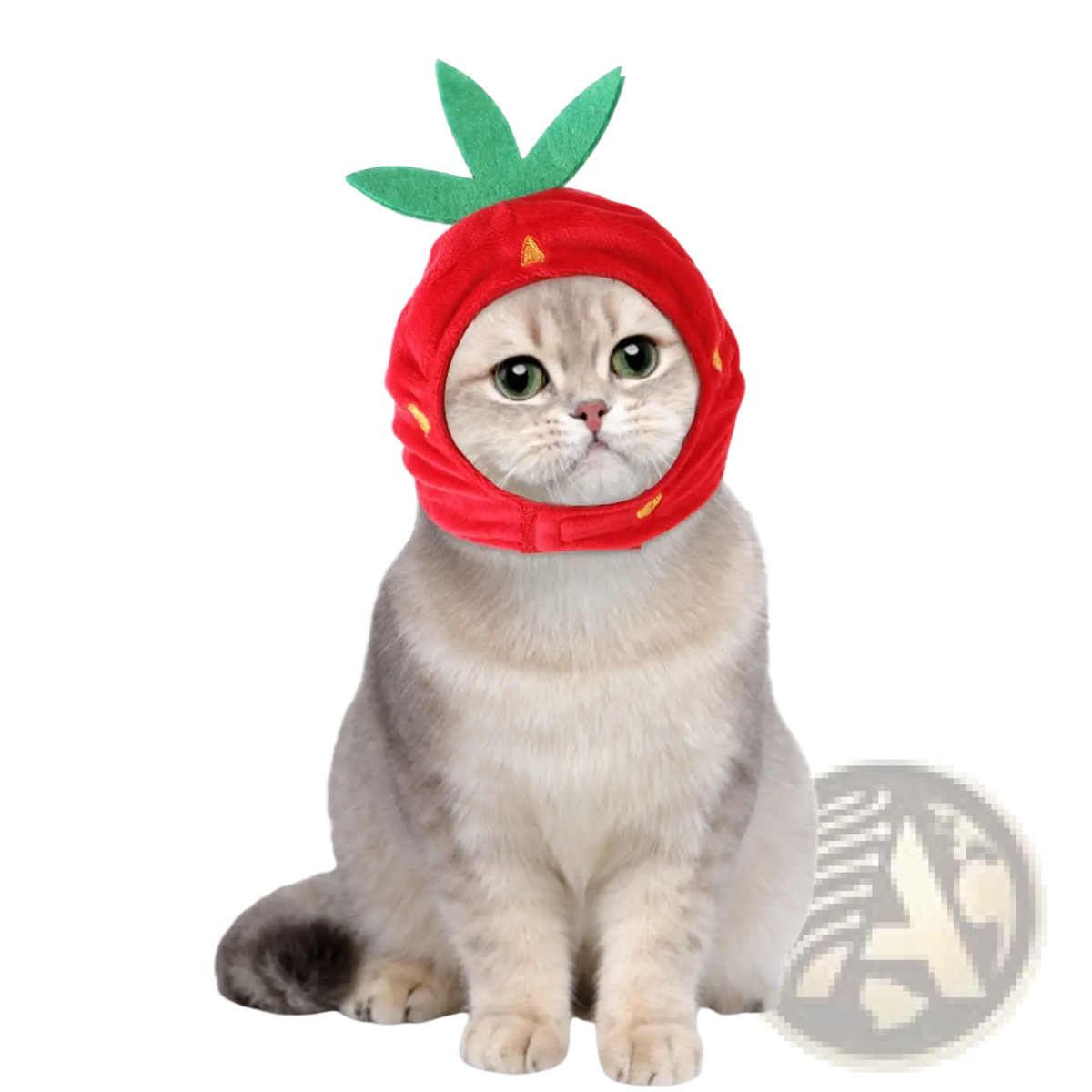 Red strawberry-themed pet hat with green leafy top and yellow seed details for warm pumpkin cat costume headwear