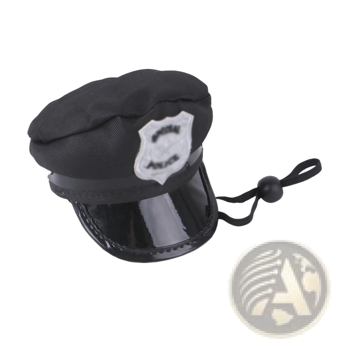Black fabric police cap with shiny black visor and white shield badge for pumpkin cat hat warm pet costume headwear