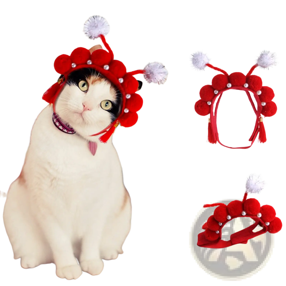 Red pom-pom caterpillar headband with white fuzzy antennae pearl-like beads and tassels for warm pet costume headwear