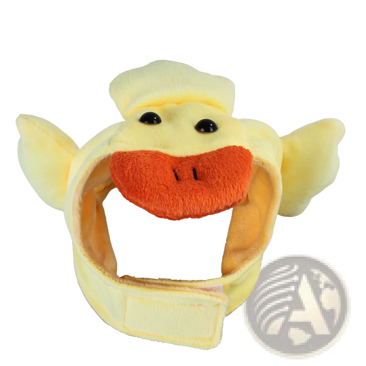 Yellow plush pumpkin cat hat with duck shape featuring orange beak and black button eyes for warm pet costume headwear