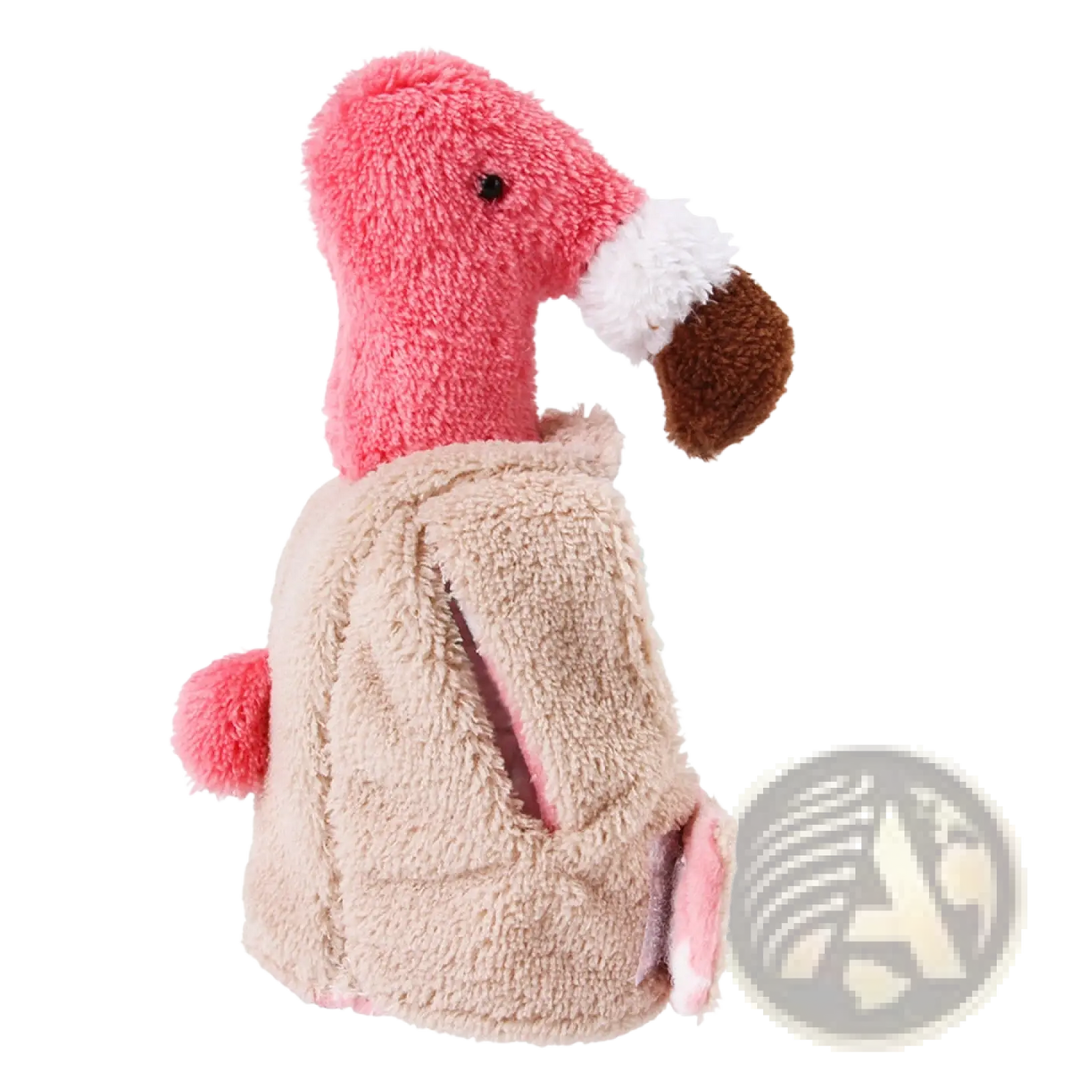 Pink plush flamingo toy with beige fuzzy body and brown beak alongside pumpkin cat hat warm pet costume headwear