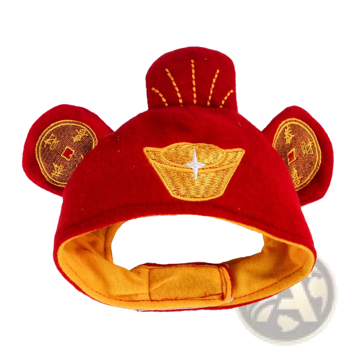 Pumpkin cat hat warm pet costume headwear with red velvet monkey-themed design gold embroidery and circular ear patches