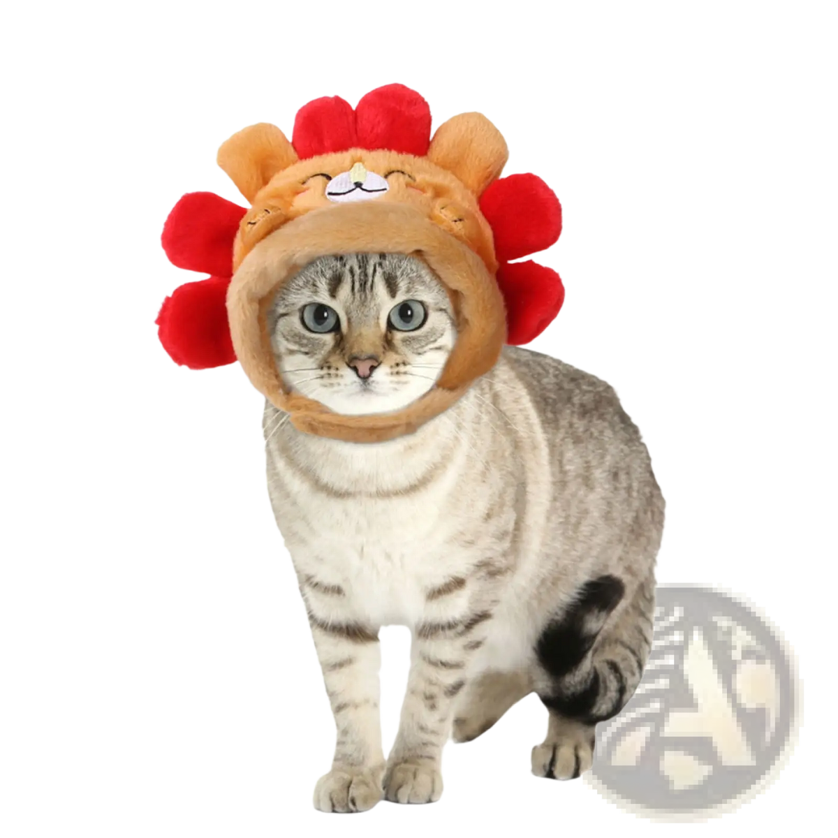 Pumpkin cat hat warm pet costume headwear featuring a plush tan lion design with red pom-pom mane and embroidered face