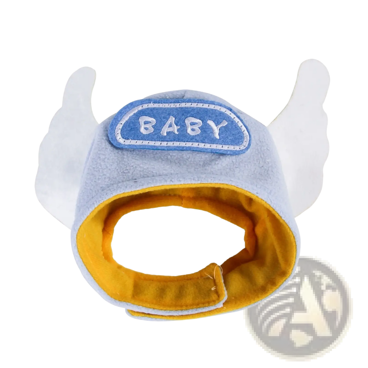 Light blue plush pumpkin cat hat with white wings and yellow interior featuring embroidered baby patch