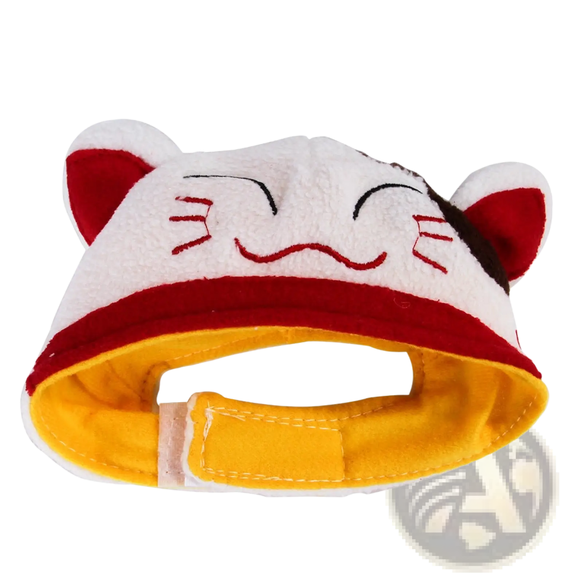 White plush pumpkin cat hat with red ears embroidered face and yellow interior lining warm pet costume headwear