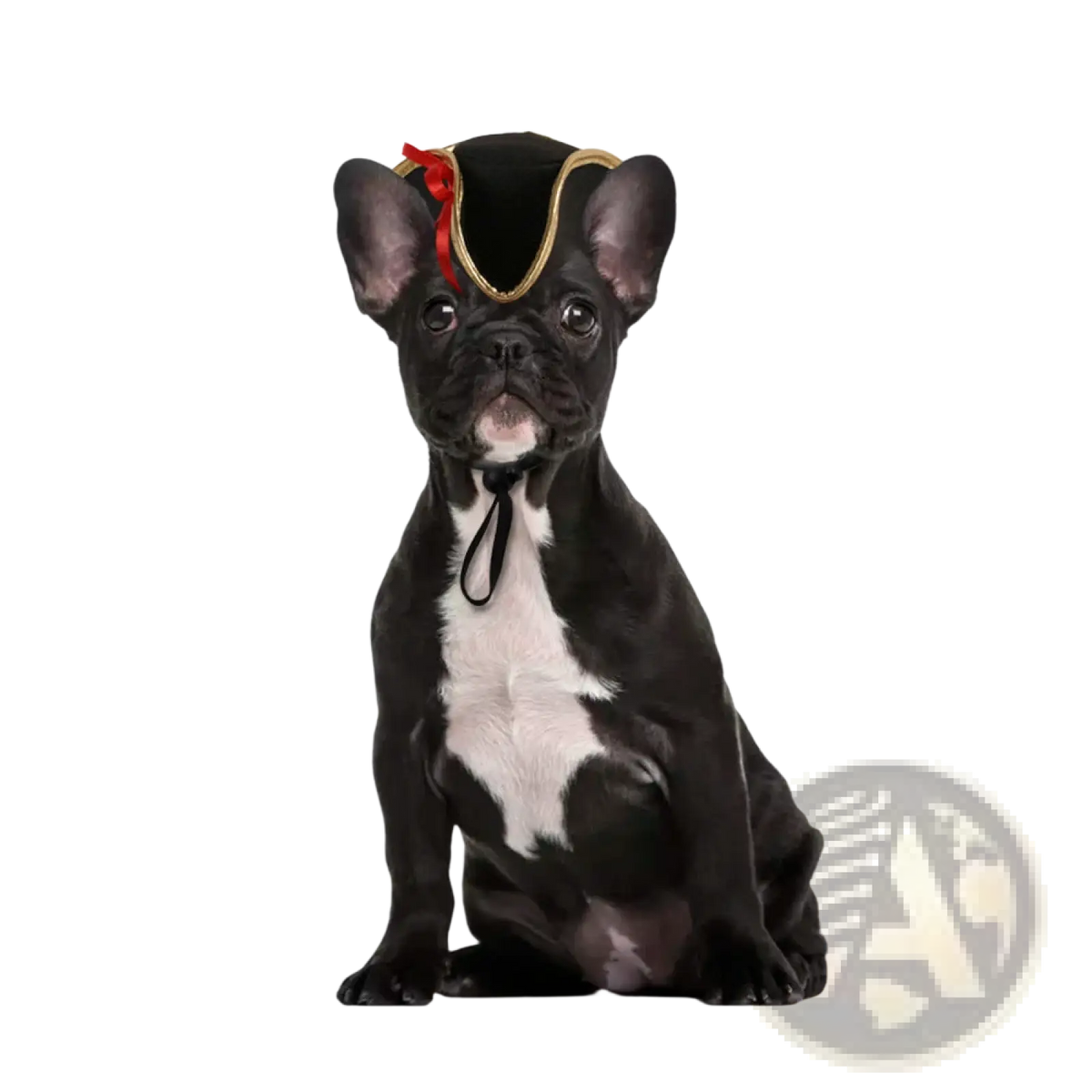 Black french bulldog puppy wearing a pirate-style pumpkin cat hat with gold trim and red ribbon warm pet costume headwear