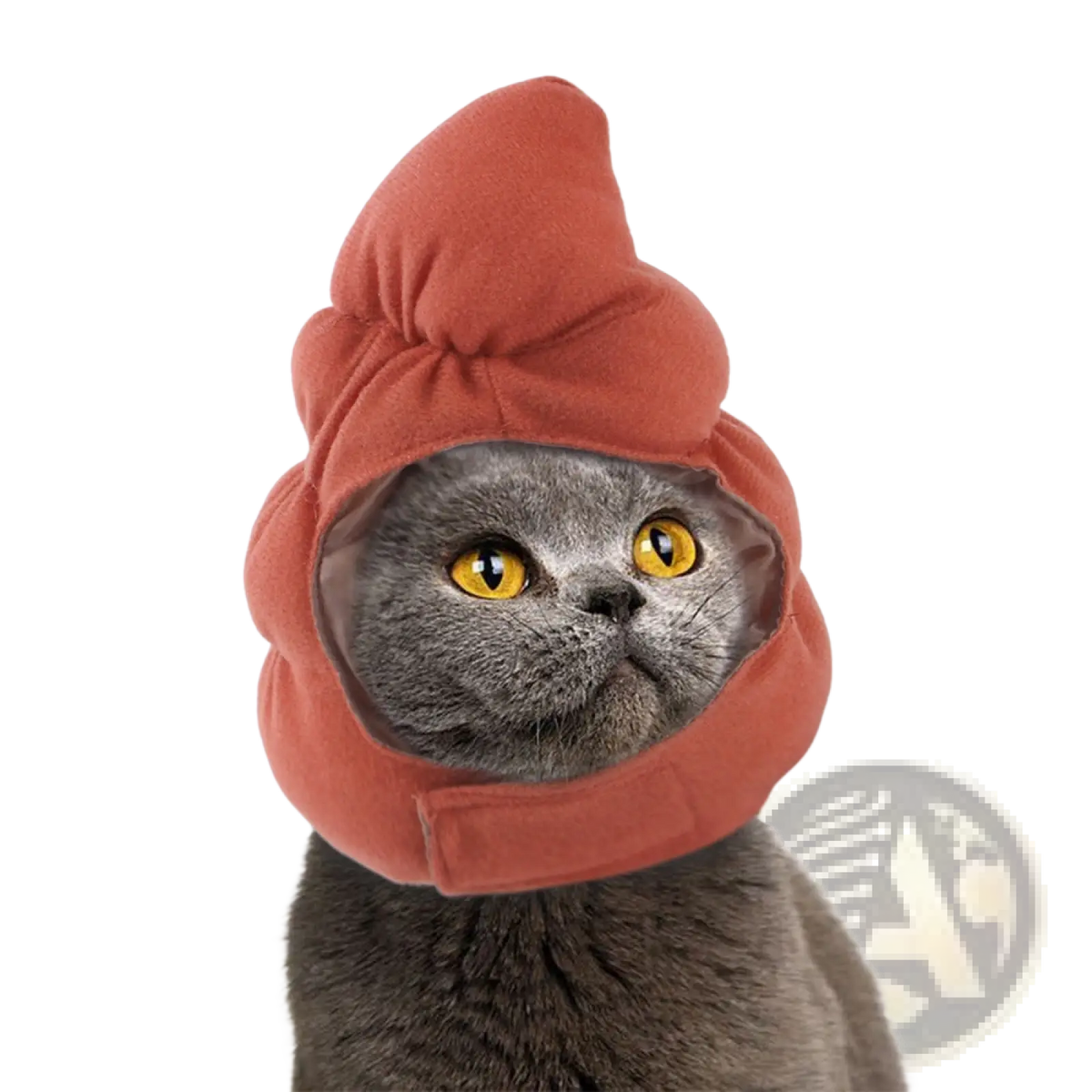 A soft rust-colored plush pumpkin cat hat designed as warm pet costume headwear resembling a poop emoji