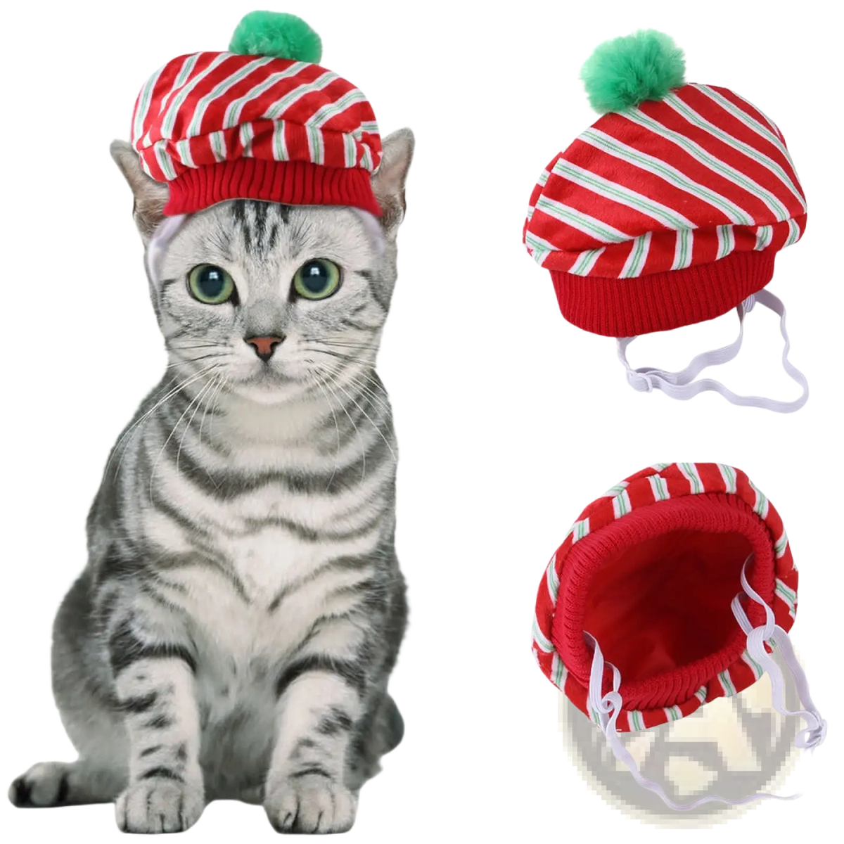 Red and white striped knitted pumpkin cat hat with green pom-pom designed as warm pet costume headwear