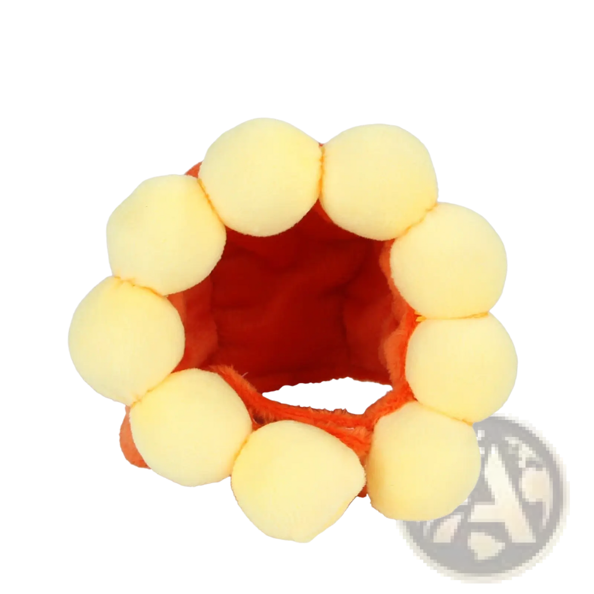 A plush circular pumpkin cat hat with soft yellow pom-poms and vibrant orange interior for warm pet headwear