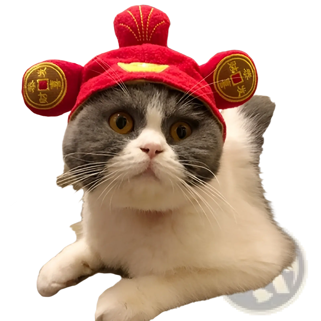 A fluffy gray and white cat wearing a red plush pumpkin cat hat with gold embroidered coins for warm pet costume headwear