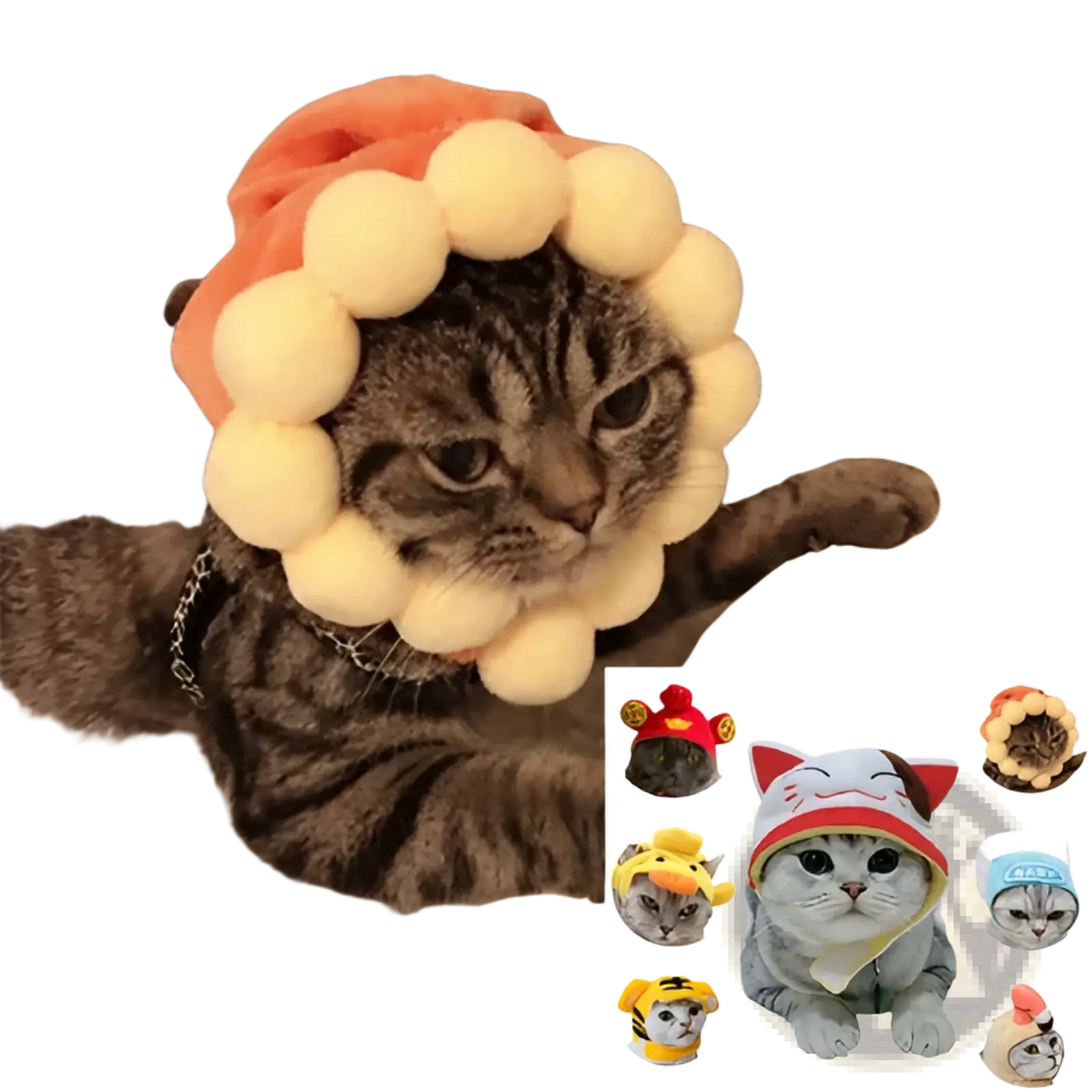 Orange and cream pom-pom cat hat with hooded design made for warm pet costume headwear titled pumpkin cat hat