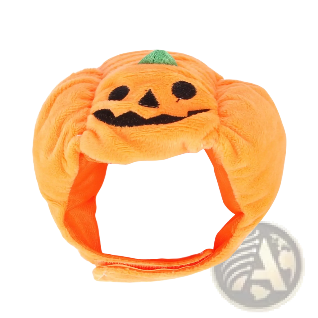 Orange plush pumpkin cat hat with black embroidered face and green stem for warm pet costume headwear