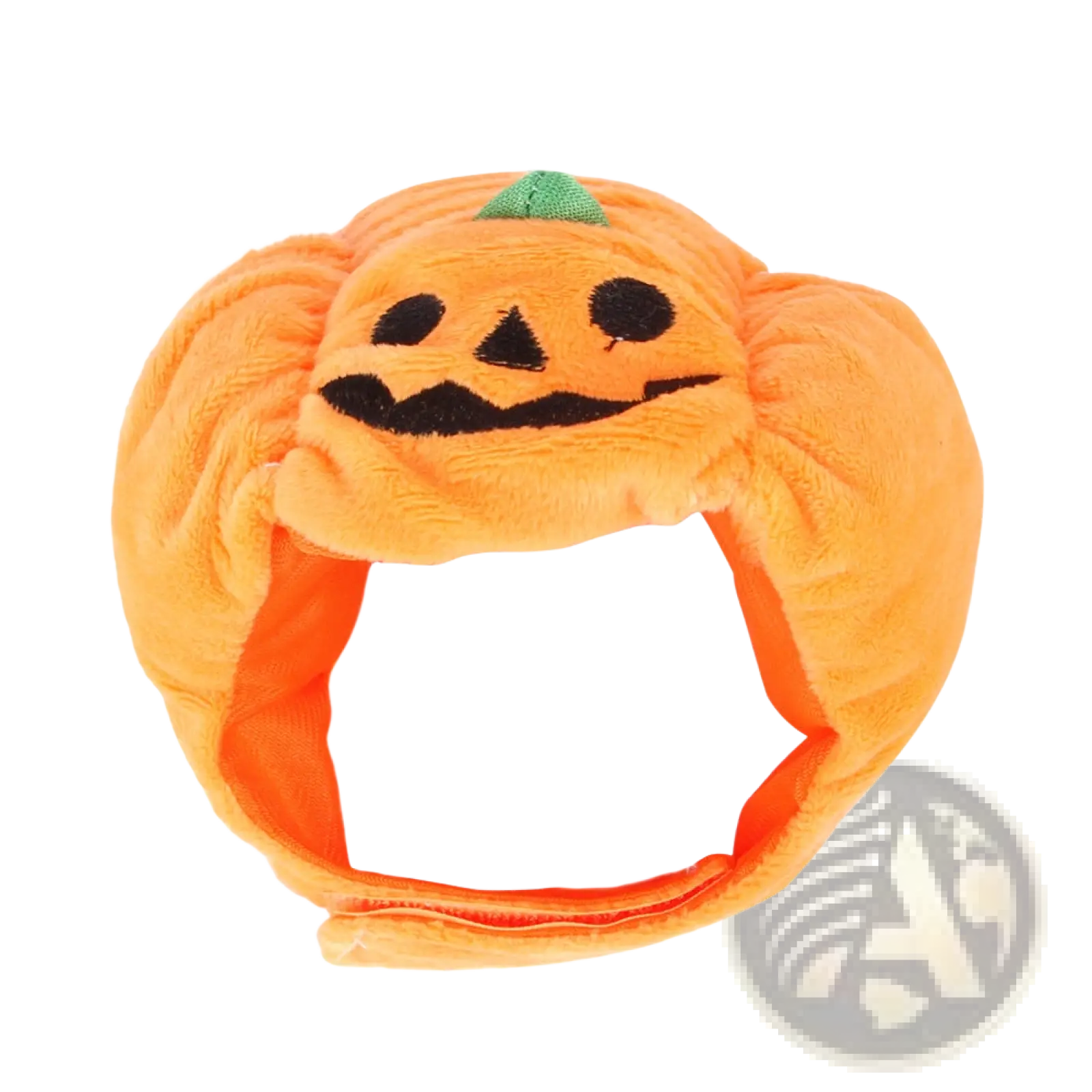 Orange plush pumpkin cat hat with black embroidered face and green stem for warm pet costume headwear