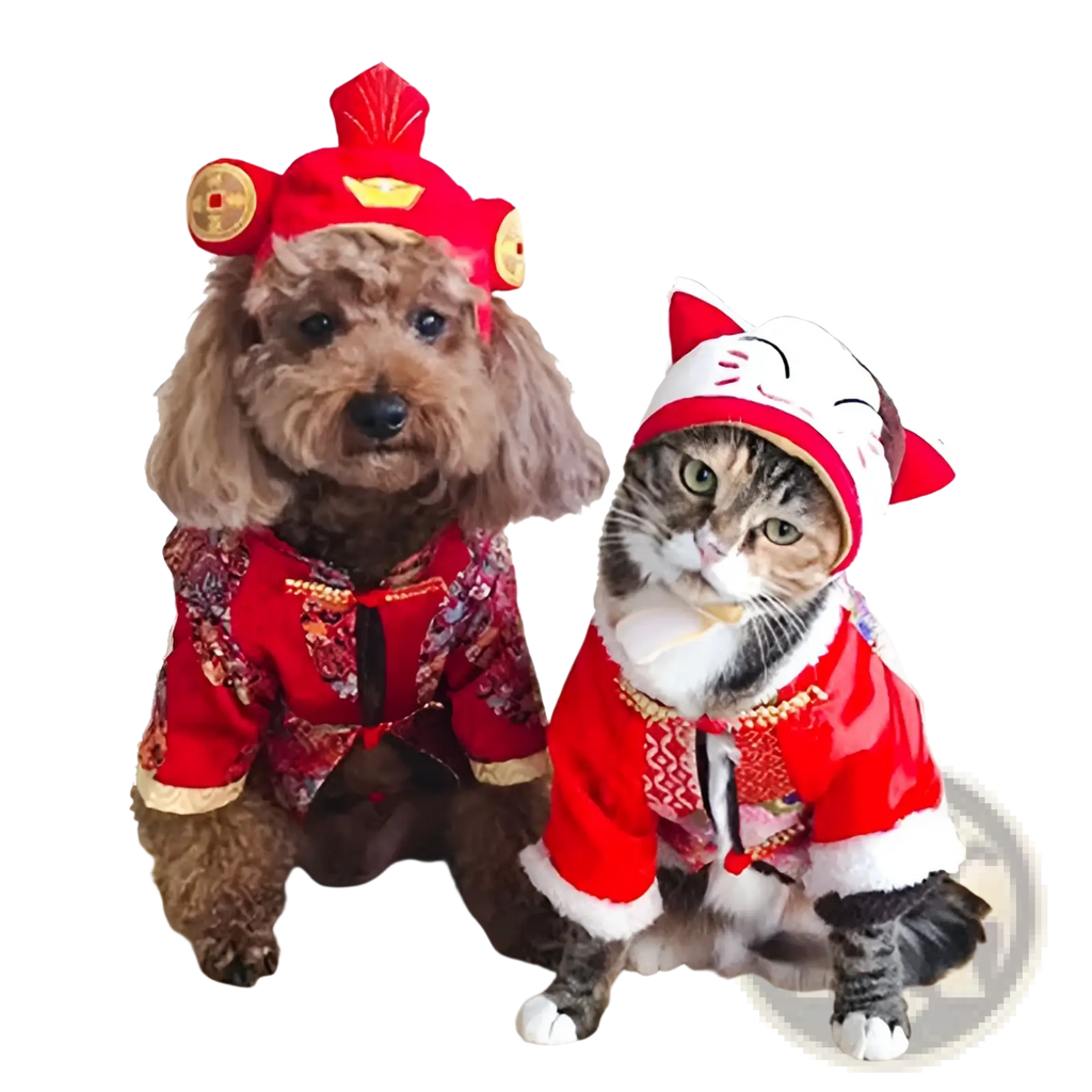 Dog and cat wearing red traditional chinese-style outfits with gold trim and embroidery warm pet costume headwear