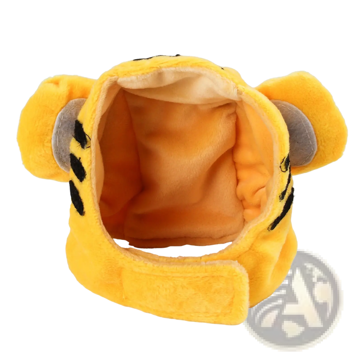 Yellow plush tiger-themed headband with black stripes and gray inner ear accents for pumpkin cat hat warm pet costume