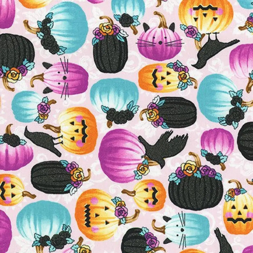 Vibrant halloween skater dress with pockets featuring colorful pumpkins black cats and floral accents in pink orange teal and purple