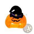 Orange plush pumpkin hat with black witch cap and purple trim for halloween pet costume apparel