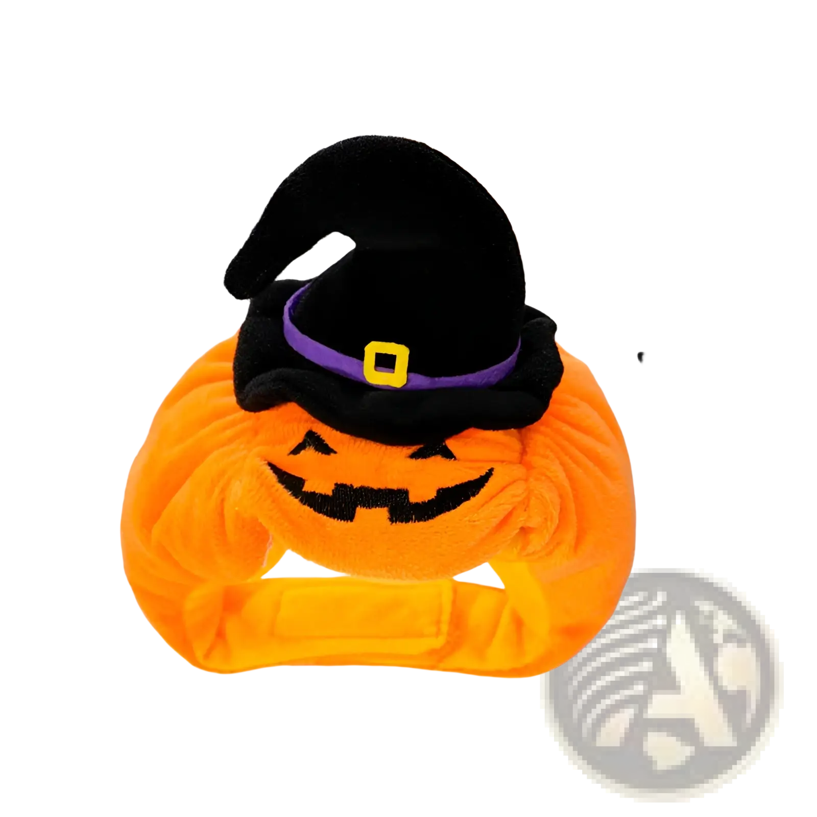 Orange plush pumpkin hat with black witch cap and purple trim for halloween pet costume apparel