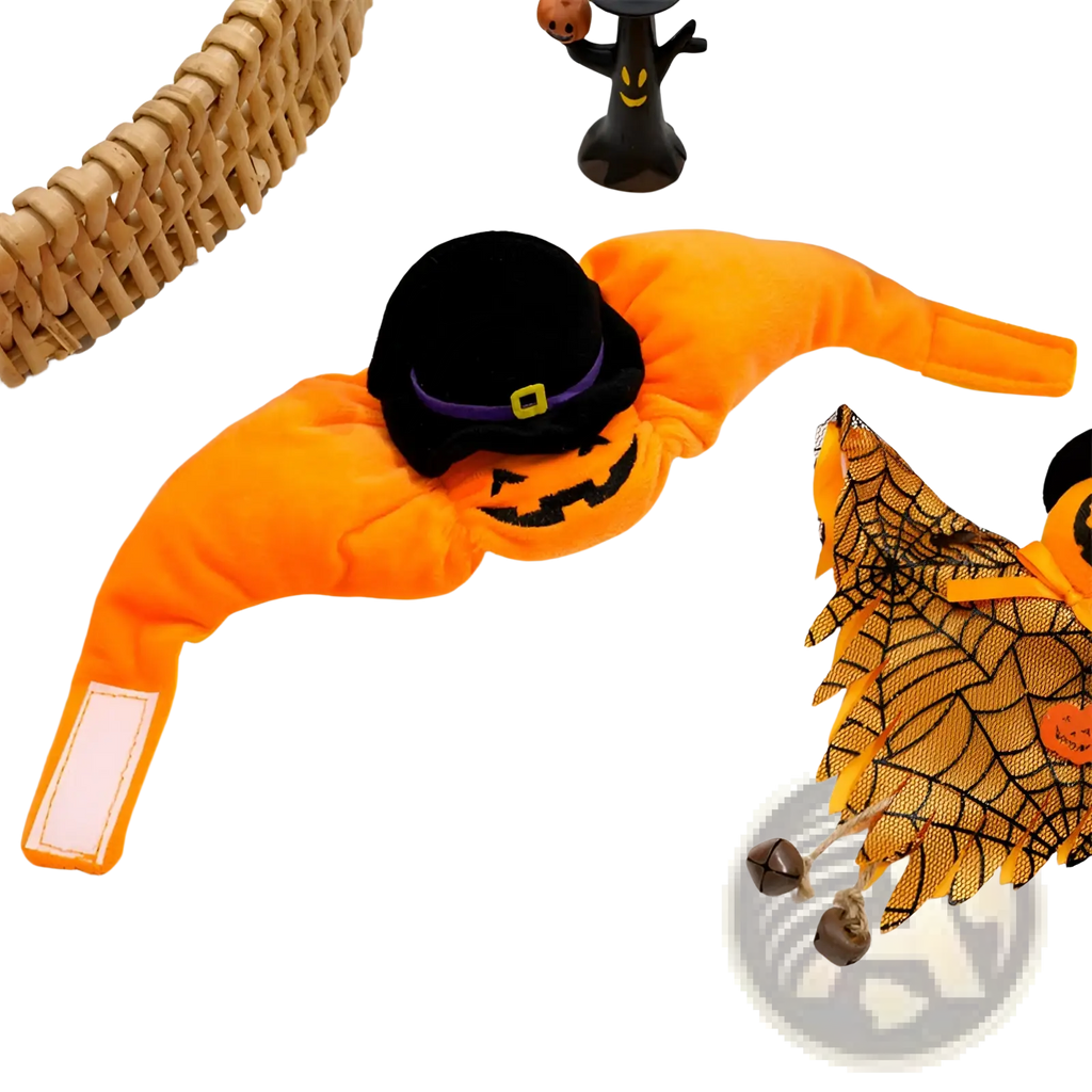 Orange plush pumpkin-shaped dog collar with black witch hat and purple belt detail for halloween pet costume