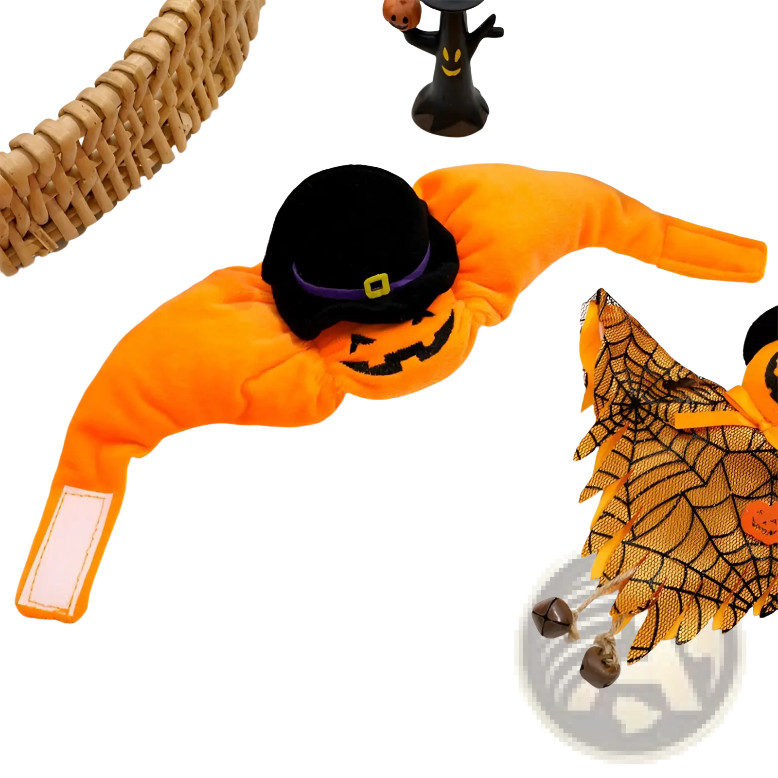 Orange plush pumpkin-shaped dog collar with black witch hat and purple belt detail for halloween pet costume