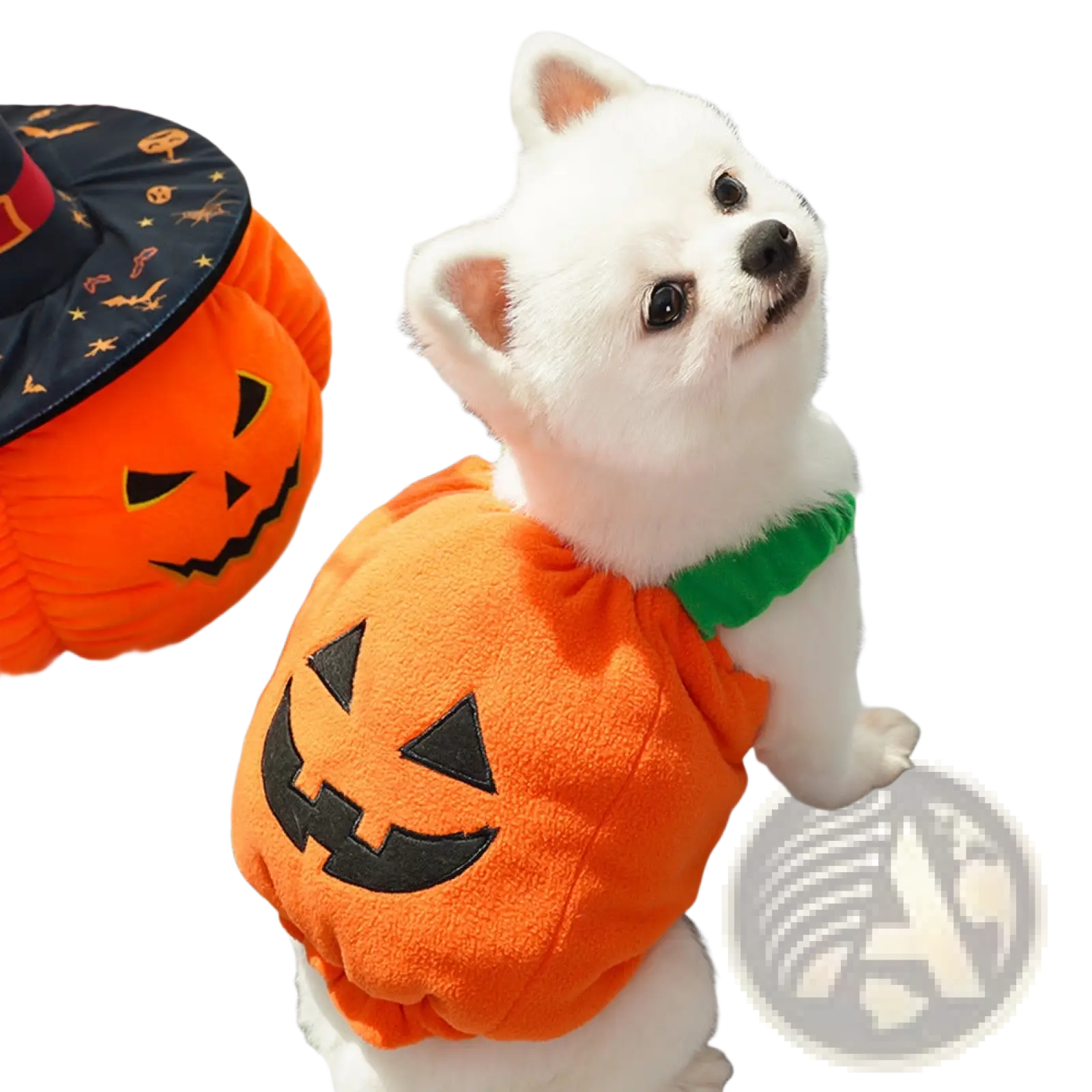Orange plush pumpkin dog costume with black embroidered face and green collar for halloween pet apparel