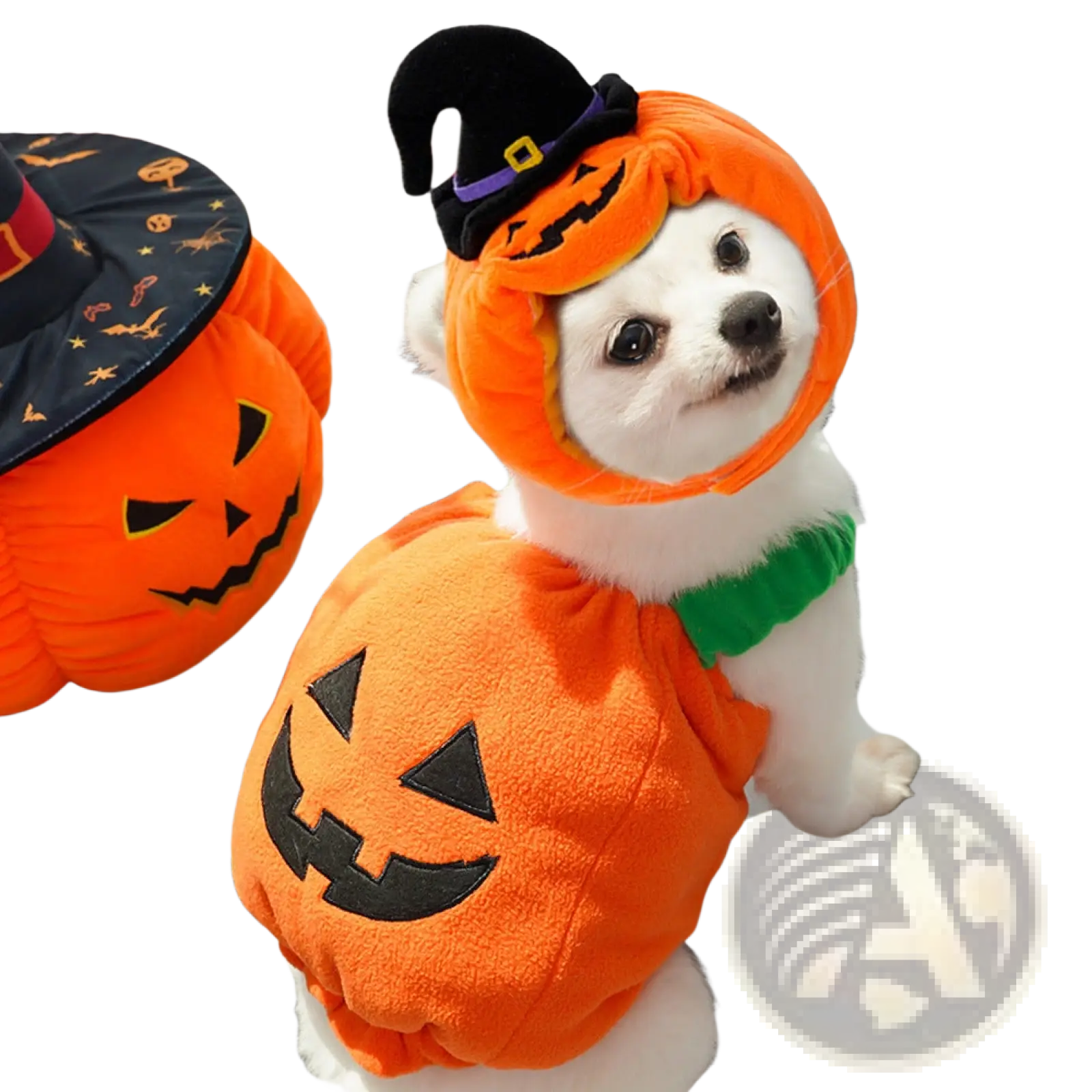 Orange plush pumpkin dog costume with black embroidered face green trim and matching witch hat for halloween apparel
