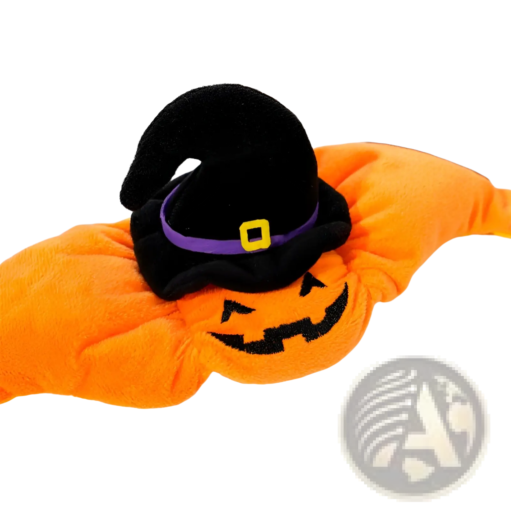 Orange plush pumpkin dog costume with black witch hat featuring purple band and yellow buckle for Halloween pet apparel